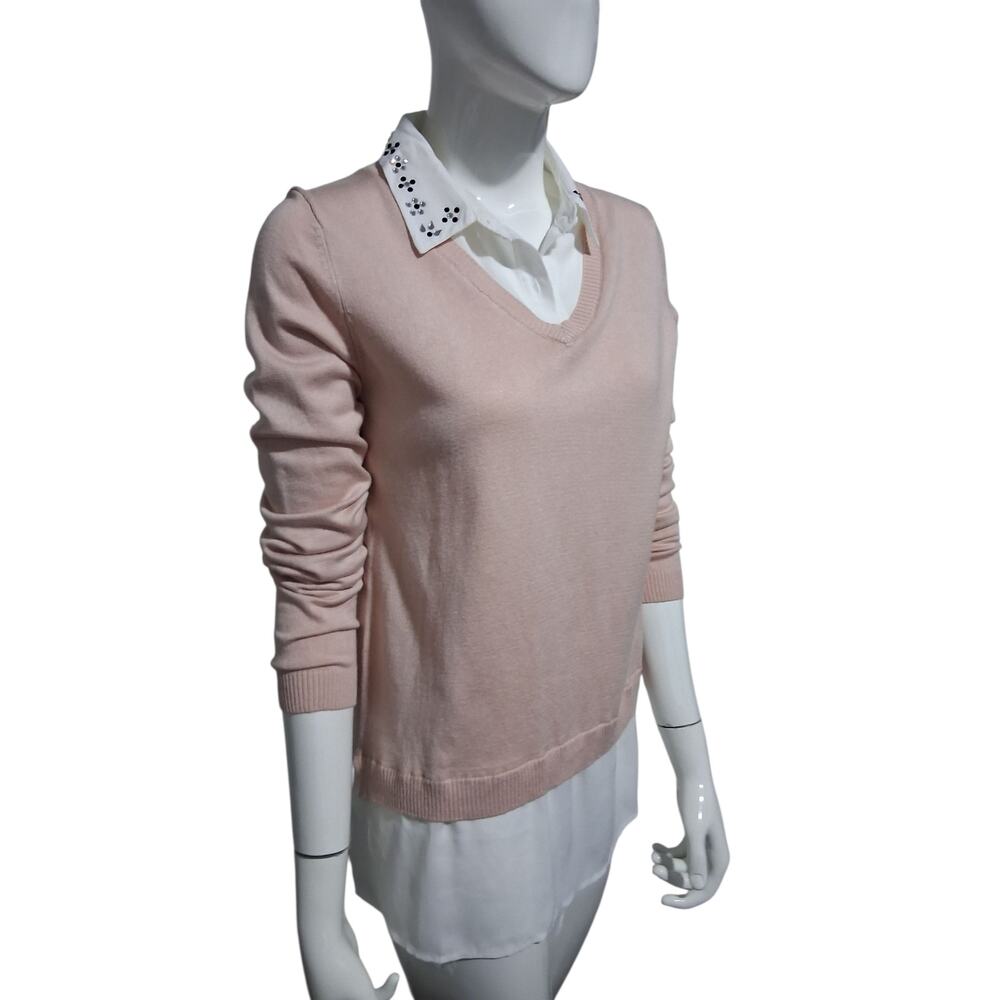 Adrianna Papell Women's Size Small Pink Twofer V-Neck Casual Career Sweater Top